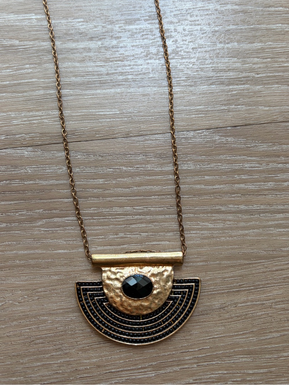 Gold Semi-Circle Pendant Necklace w/ Black Stone